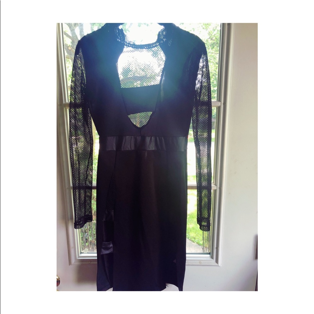 Black Mesh Dress with Leather Detailing